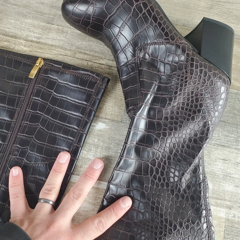 Franco Sarto Talfer Womens Knee-High Boots Sz 7 M Brown Croc Print Side Zipper